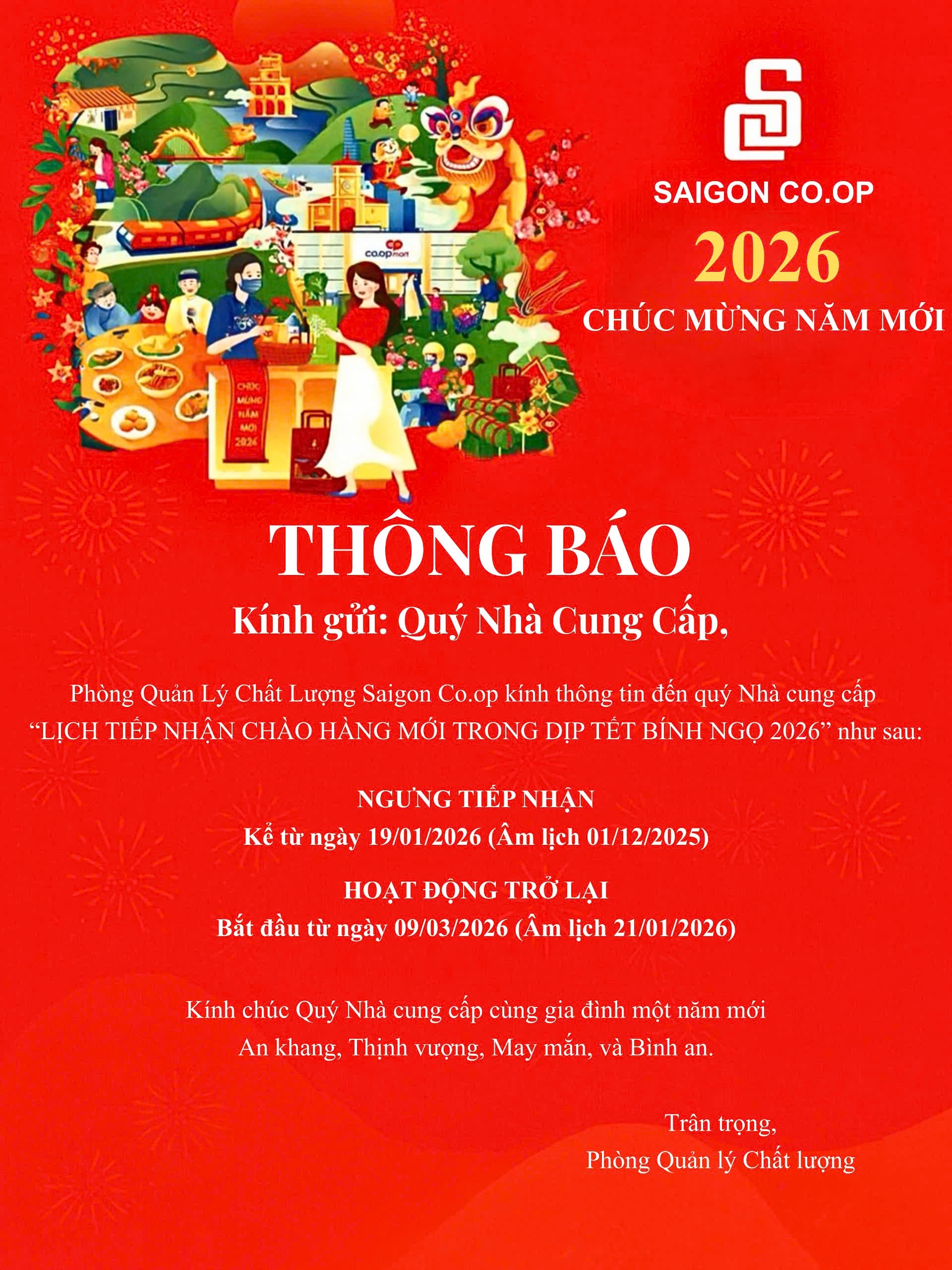 Lịch tiếp nhận chào hàng mới trong dịp Tết Bính Ngọ 2026